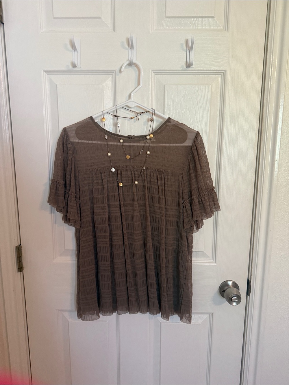 Women’s Taupe Ruffle Sleeve Western Boho Textured Blouse